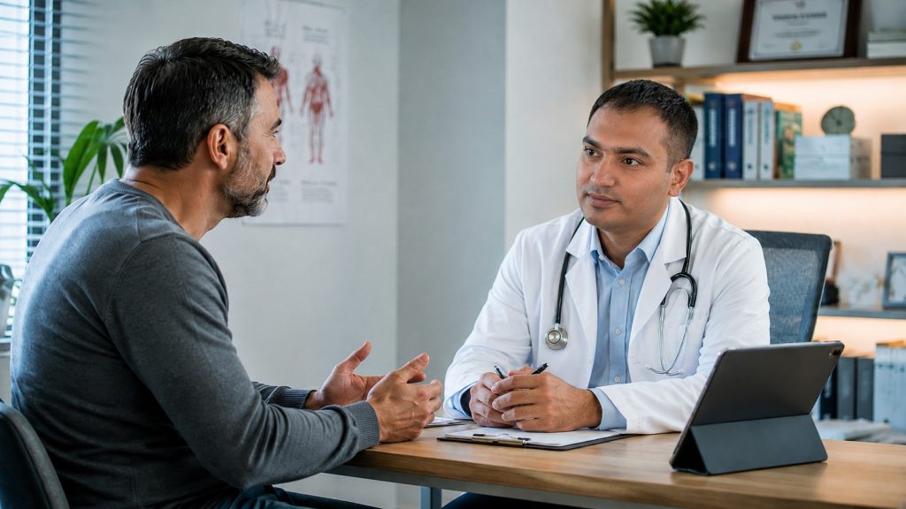Doctor-patient consultation in a modern office