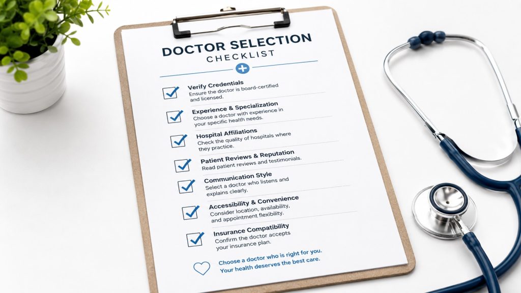Doctor selection checklist on tabletop