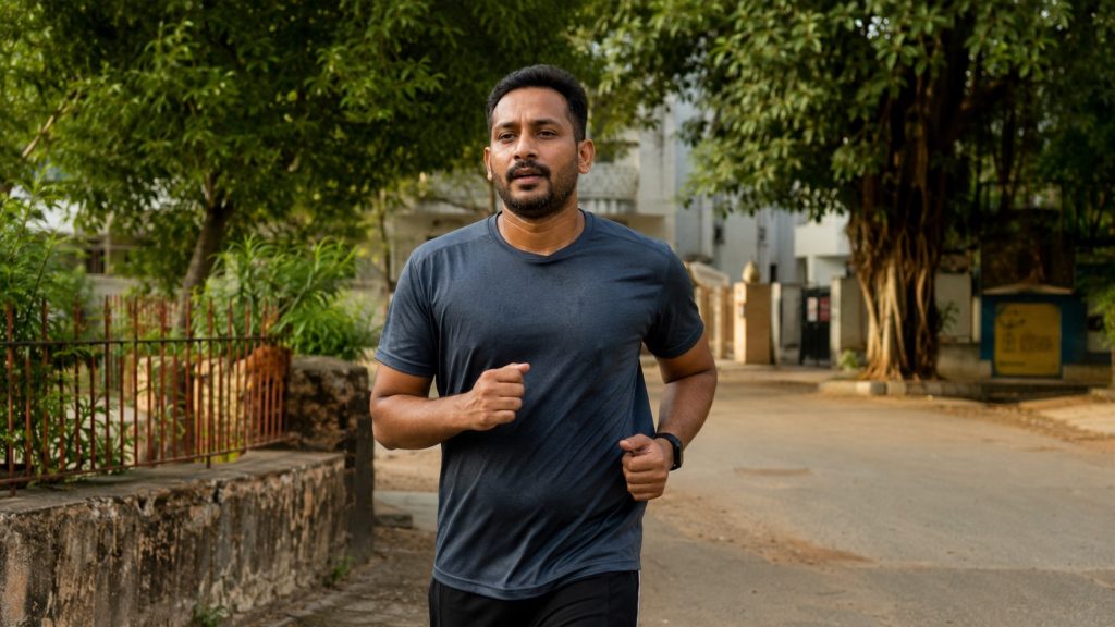 Jogging through a peaceful neighborhood path