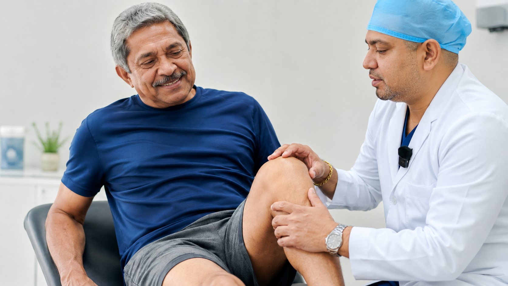 Doctor examining patient's knee in clinic
