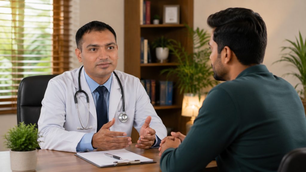 Doctor-patient consultation in a warm office