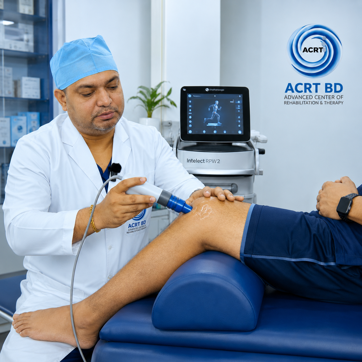 Therapist using device on patient's knee