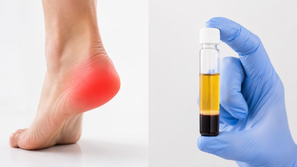 left side shows an injured heelfoot with a red highlight area; right side shows the PRP vial being prepared. Clean dividing line down the middle